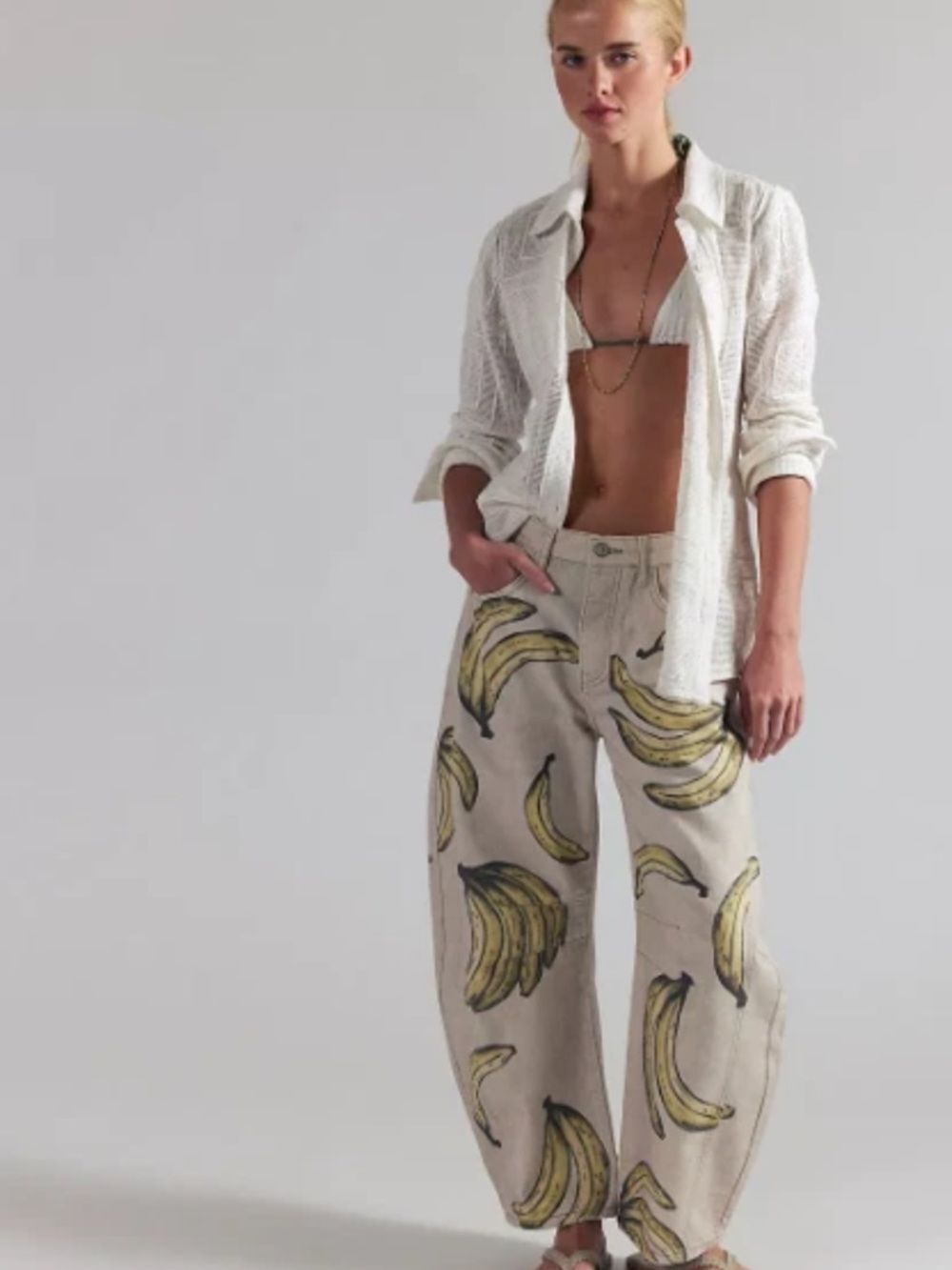 NWT FREE PEOPLE We The Free Good Luck Printed Barrel Jeans - Go Bananas - Picture 3 of 13